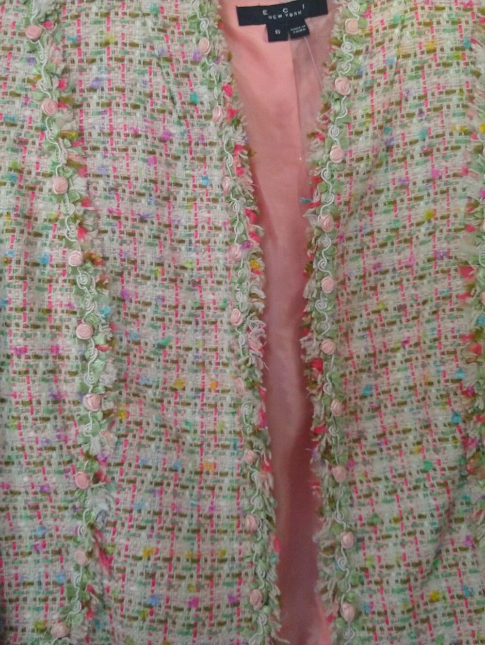 Spectacular ECI Bouclé Knit Floral Trim Jacket - Pink, Green, Multicolor Lined